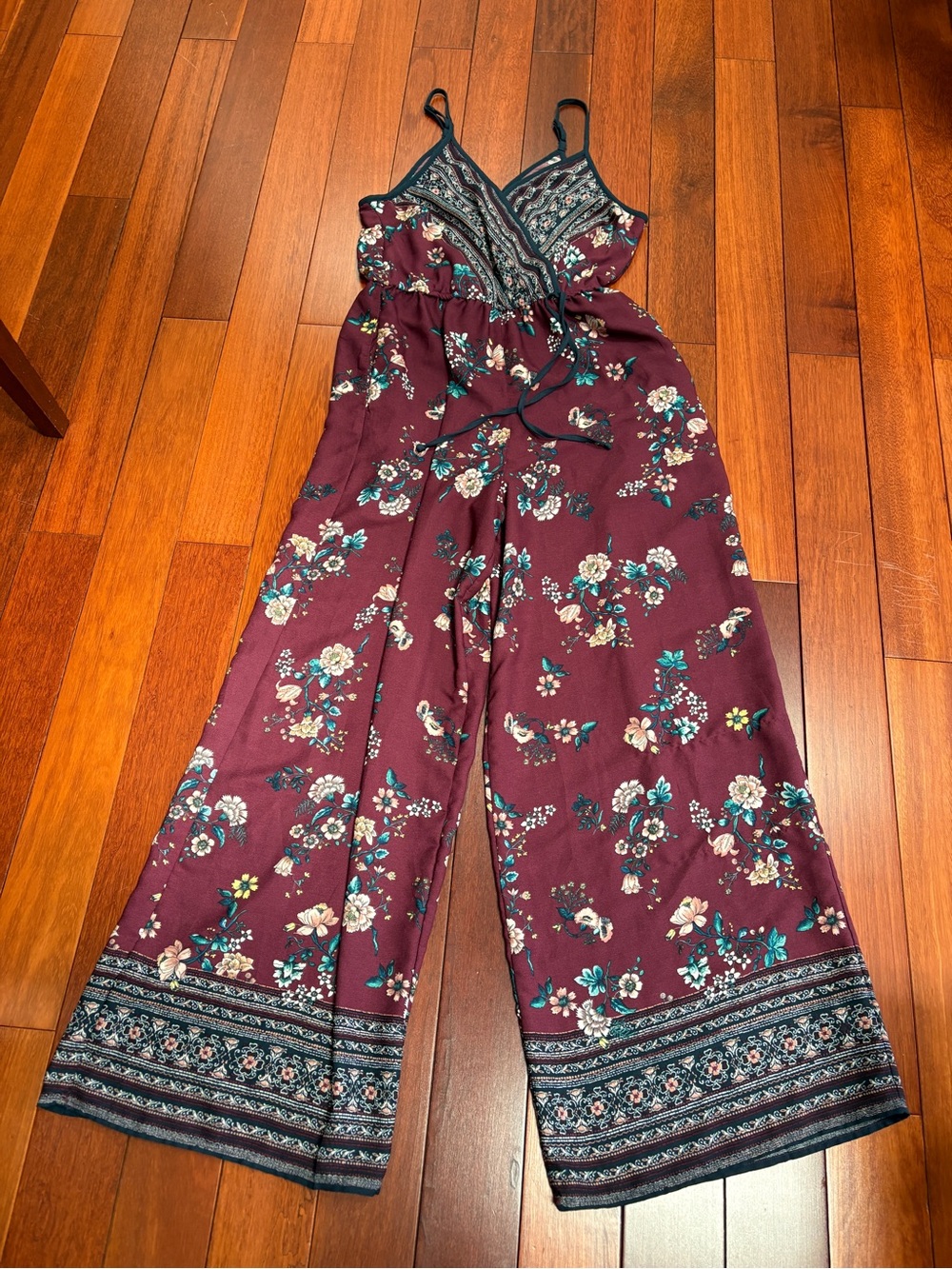 Xhilaration Burgundy Floral Wide-Leg Jumpsuit ladies small